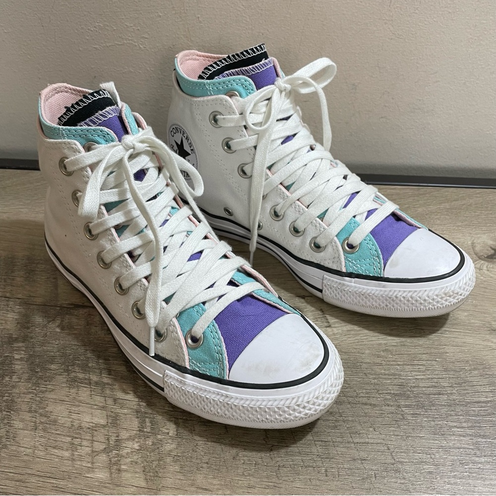 Women's CONVERSE White Aqua Purple ALL STAR Multi-Tongue CHUCK TAYLOR Sneakers 7